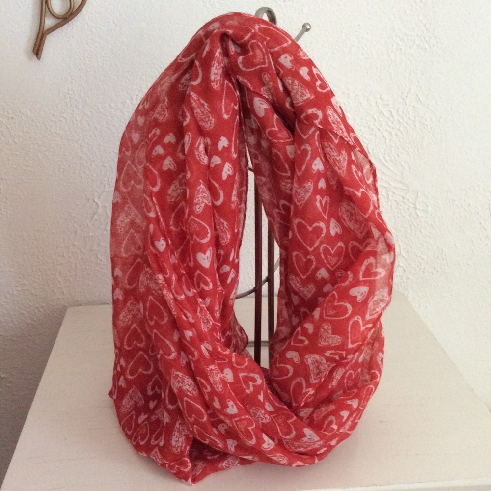 Red and White Heart Print Infinity Scarf